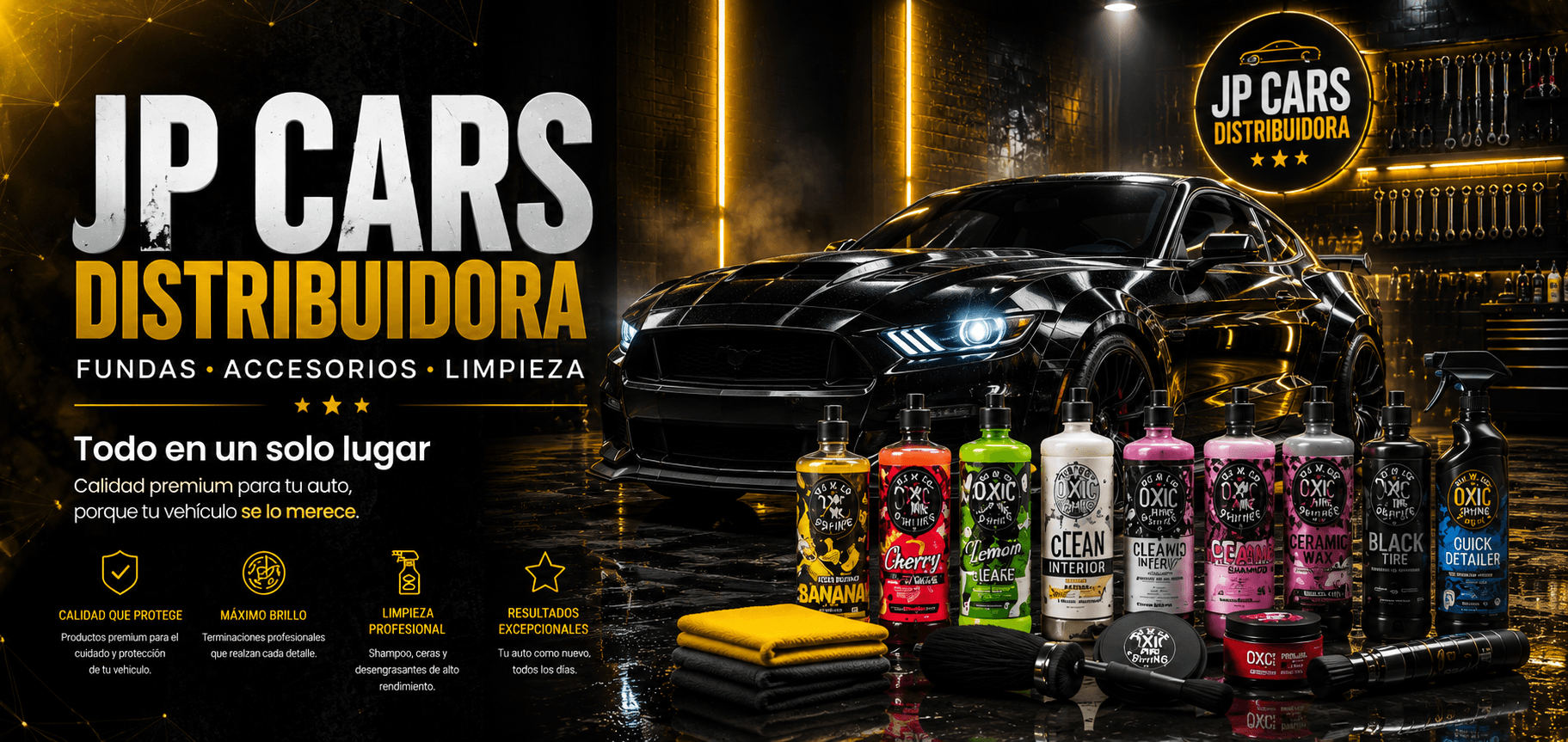 Banner JP Cars Distribuidora con linea premium de limpieza automotor